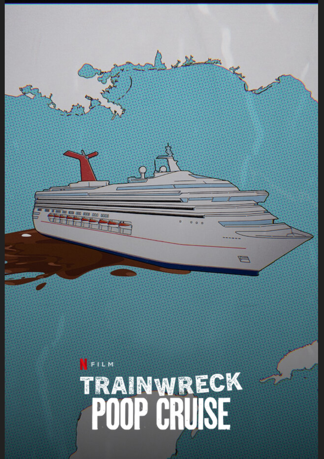 A large cruise ship is depicted against a stylized background with the title "Trainwreck: Poop Cruise" below.