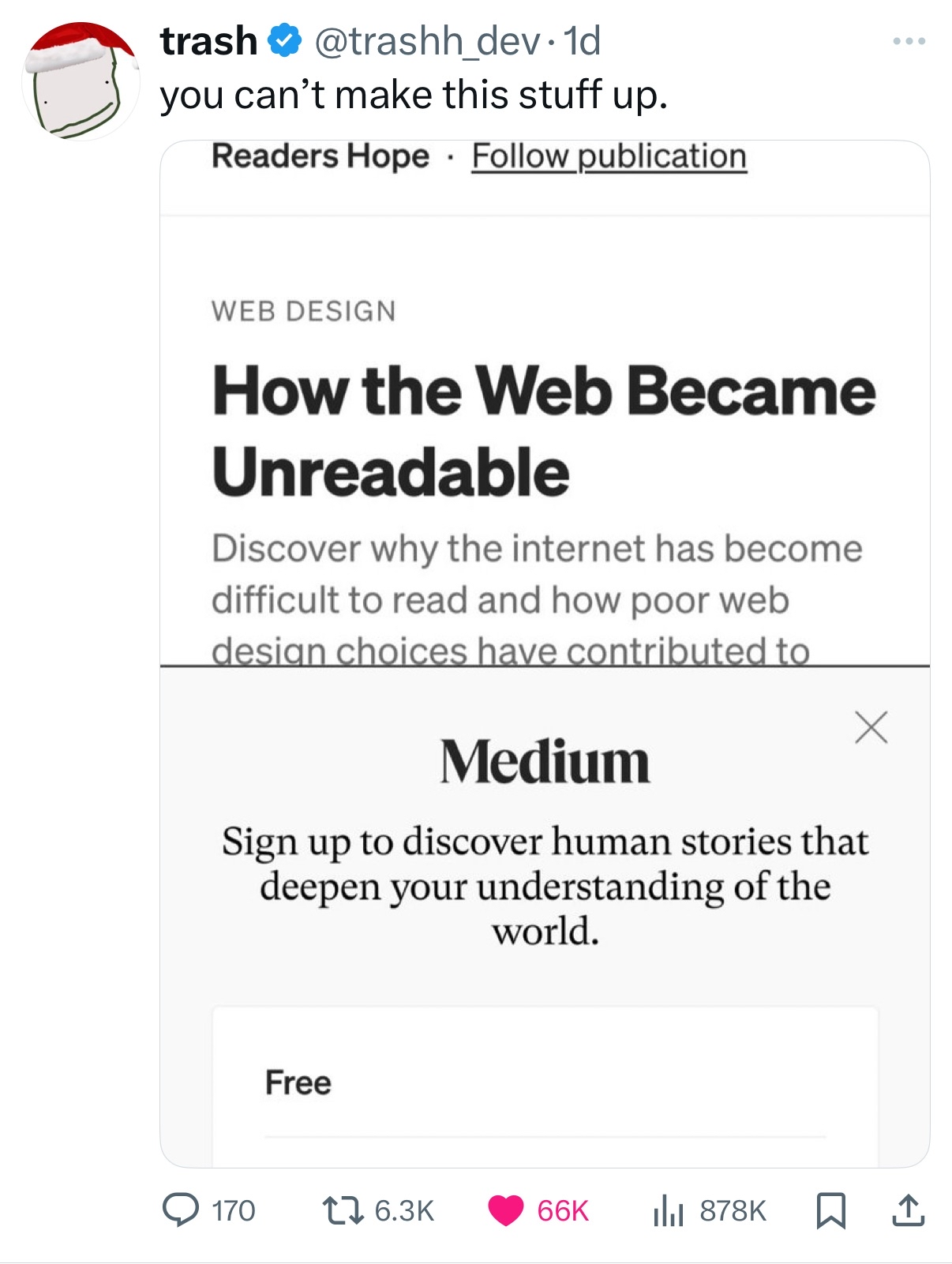 Medium.com article titled 'how the Web Became Unreadable' which is blocked by a sign up modal for Medium.com