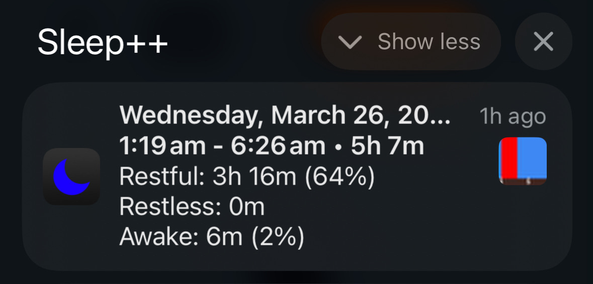 Wednesday, March 26, 2025
1:19 am - 6:26 am • 5h 7m
Restful: 3h 16m (64%)
Restless: 0m
Awake: 6m (2%)