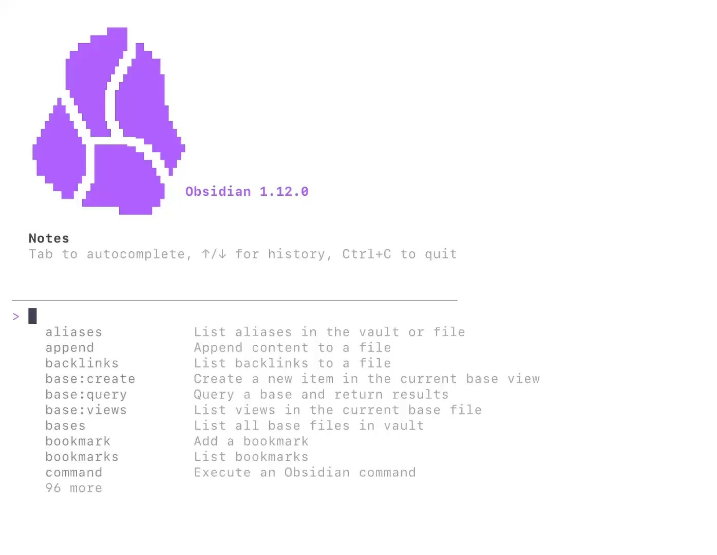 A command line interface displays the Obsidian application version 1.12.0 with a purple logo and text detailing shortcut commands for various functions.